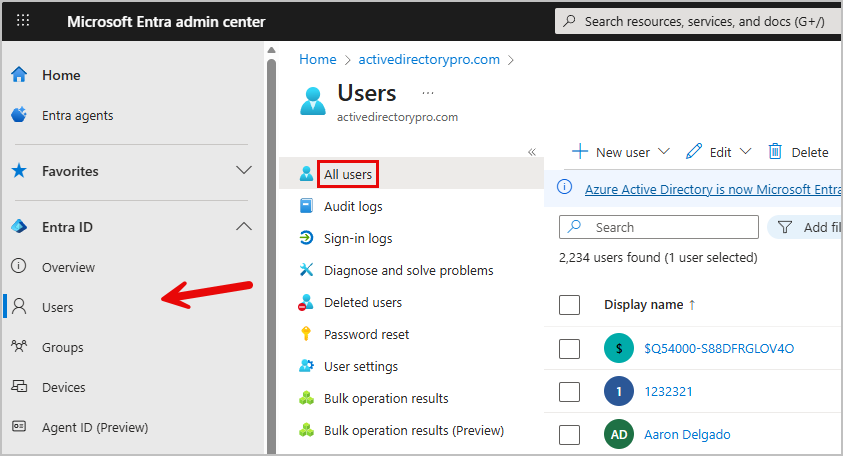 click entra id users